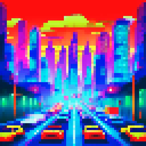 bmw cars, pixelated, vibrant colors, retro video game style, sRGB, pixel art, detailed shading, urban cityscape, futuristic skyscrapers, bustling streets, neon lights, busy traffic, sleek designs, speed and motion, dynamic angles, geometric shapes, low-poly architecture, vibrant backgrounds, energetic atmosphere, high contrast, sharp edges, digital aesthetics, futuristic technology