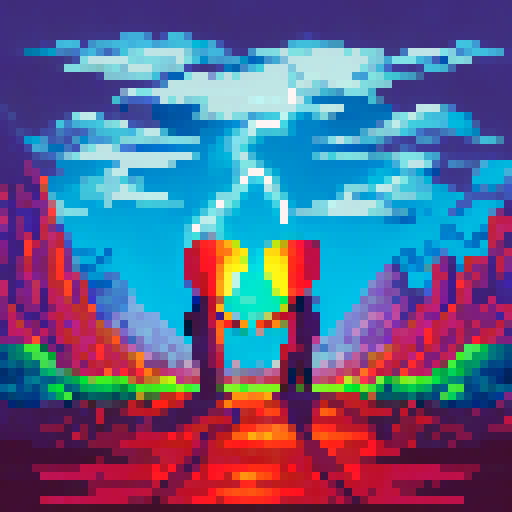 A pixel art depiction of the Three of Swords tarot card. In the center, a large, pixelated heart is pierced by three swords, arranged in a triangular pattern. The heart and swords are detailed with simple, blocky shapes. The background is a stormy sky, with pixelated dark clouds and heavy rain, emphasizing a sense of sorrow and heartbreak. The rain is depicted with vertical lines of varying lengths, and lightning bolts can be seen in the distance, adding dramatic effect. The overall color palett