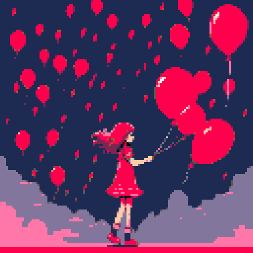 girl with long flowing hair, letting go of a vibrant red balloon, creating a dreamy and nostalgic atmosphere, all in the vibrant sRGB color space