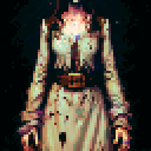 Generate a detailed pixel art character of Mabel Wakefield, a 19-year-old woman with a profound backstory of resilience and transformation. Mabel has emerged from a year-long imprisonment in the Alderwood Dungeon, visually transformed by her ordeal. Her appearance should reflect a juxtaposition of despair and determination: long, unkempt brown hair, a once-simple dress now tattered and stained, evolving into attire that symbolizes her growth into a resilient warrior.