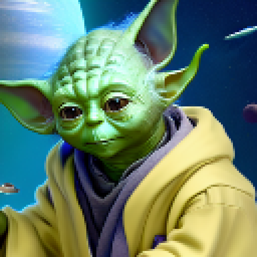 Yoda, in his signature robes, delightfully licks a mint-chocolate chip ice cream cone while surrounded by a galaxy of glittering stars and planets rendered in a whimsical, cartoonish style.