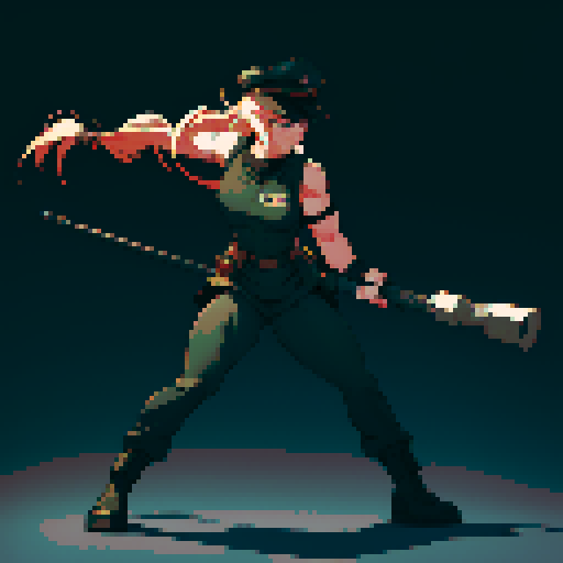 full-body image, muscle girl, female, thick biceps, big shoulders, big fists, muscular physique, thick waist, facing left, ready to fight, exaggerated proportions, black military uniform, black hat, military backdrop, sRGB, pixel art, army behind her, military behind her, army in background, army, soldiers, evil, dark, evil soldiers, nazi
