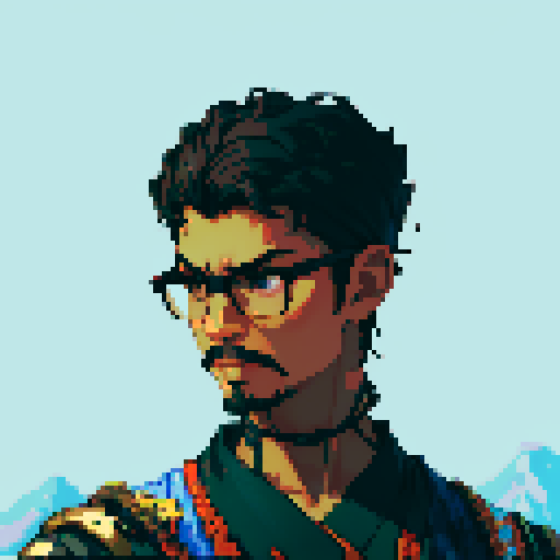 Southeast Asian man, short curly hair, round glasses, tanned, goatee, diamond shaped face, black eyes, wearing a robe