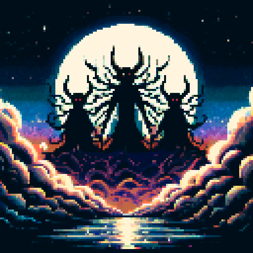 3 menacing entities arrive from the darkness in the moonlight.