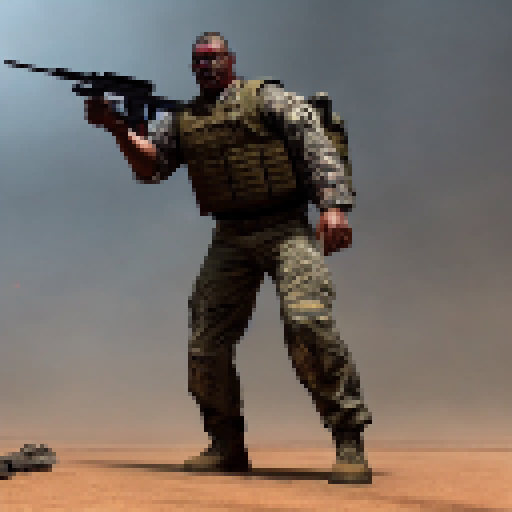 Military bulldog, muscular and fierce, wears a bullet-proof vest and holds a shotgun with a grim face, set in a zombie shooter game with apocalyptic background 