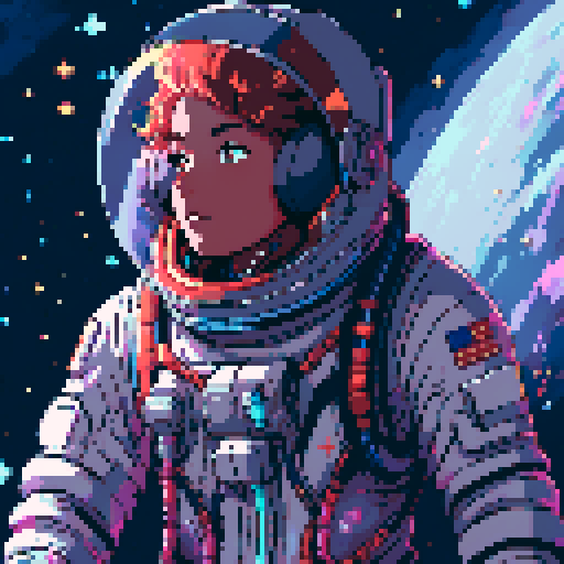 androgynous astronaut, vibrant spacesuit, floating gracefully, starry backdrop, nebula hues, pixelated stars, determined gaze, reflective clear visor, visible face, cosmic energy, self-discovery in space, sRGB, pixel art