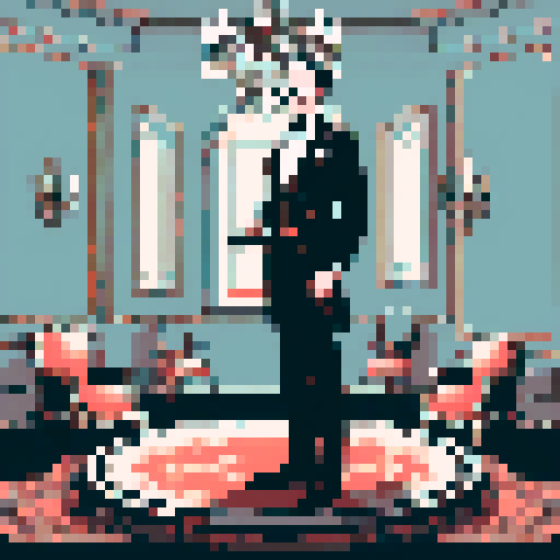 butler, formal attire, monocle, polished shoes, silver tray, elegant hand gesture, vintage wallpaper, chandelier, detailed facial features, refined posture, intricate pixel art, vibrant sRGB colors