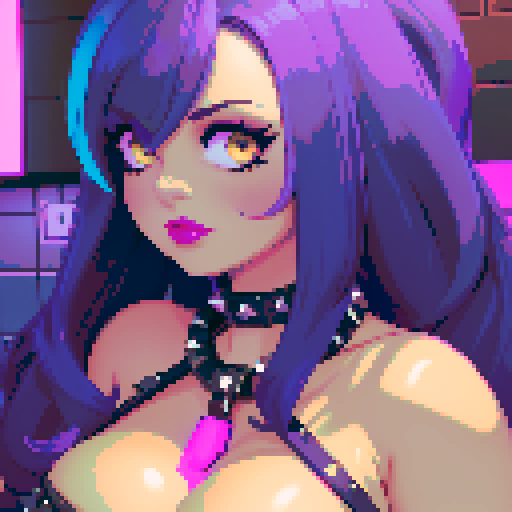 curvy, busty goth babe with studded collar. Nude big titty goth, in a close up nude glamour shot. Neon lighting, modern tile backsplash.