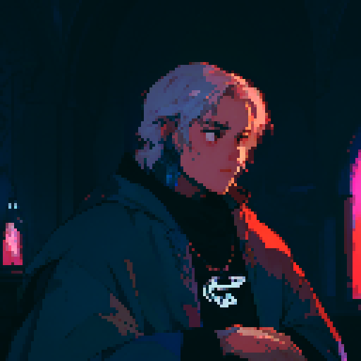 Priest, stained glass windows, vibrant colors, ornate robes, pixelated halos, illuminated Bible, candlelit altar, mosaic patterns, religious symbols, low resolution, retro aesthetic