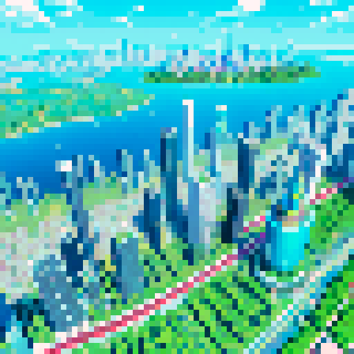 solar powered skyscrapers, vibrant green rooftops, bustling electric vehicles, floating solar farms, technicolor cityscape, pixelated solar panels, futuristic transportation network, sustainable energy infrastructure, cascading waterfalls of recycled rainwater, glowing neon signs