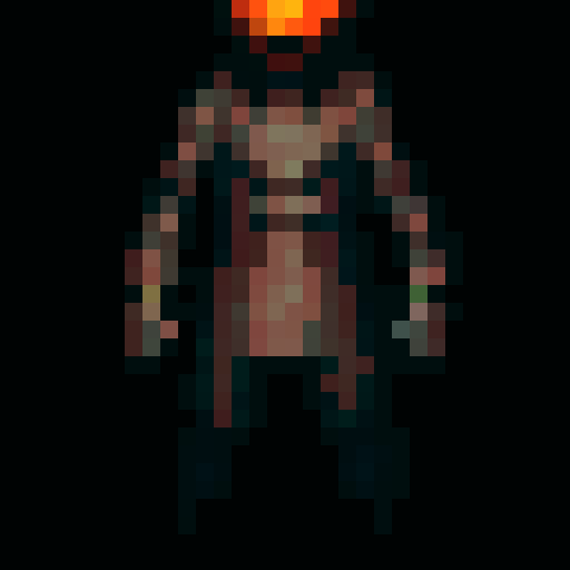 A headless horsemen character. This will be the player character. They have a pumpkin for their head. In some versions it will be without the head and will hold the pumpkin in its hands. But this version the player should have the pumpkin head. Headless horsemen also ride horses but I don't want that for this version.

The head should be clearly visible. The body should be short, with the body being about the same size as the head, maybe smaller, like in Mario games.