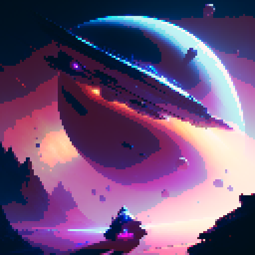 spaceship, sideview, vibrant galaxy, swirling nebulas, twinkling stars, pixel art, srgb