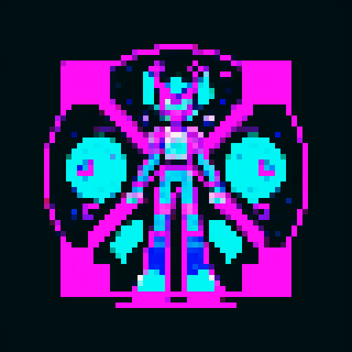 Alien character with a futurisic headdress, glowing eyes, and hieroglyphic tattoos, holding a raygun, standing in a vibrant galaxy filled with colorful planets and stars, surrounded by futuristic UFOs and ancient Egyptian and Sumerian inspired architecture, invading earth, loveing bitcoin very very much, all depicted in high quality pixel art using the retro sRGB color palette, retrowave style, showcasing intricate details and bold, stylized compositions, perfect for a profile picture