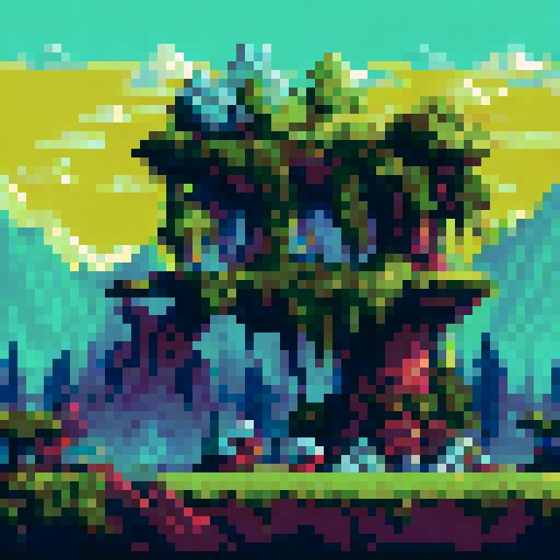 Troll with mossy fur lurking in a dense, misty forest surrounded by towering trees and a rugged mountain range in the background, all rendered in a vibrant sRGB pixel art style