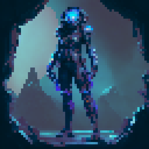 athletic female, exuding strength and agility. shoulder-length Midnight Blue hair, streaked with Royal Blue highlights. armor is a sleek combination of Dark Slate Blue and Neon Cyan, Steel Gray accents cover her gauntlets and shin guards, Charcoal Black underlayer. glowing Gold artifact on chest and Blue visor. utility belt, in Dark Gray with Neon Purple details, and black boots with Cyan highlights