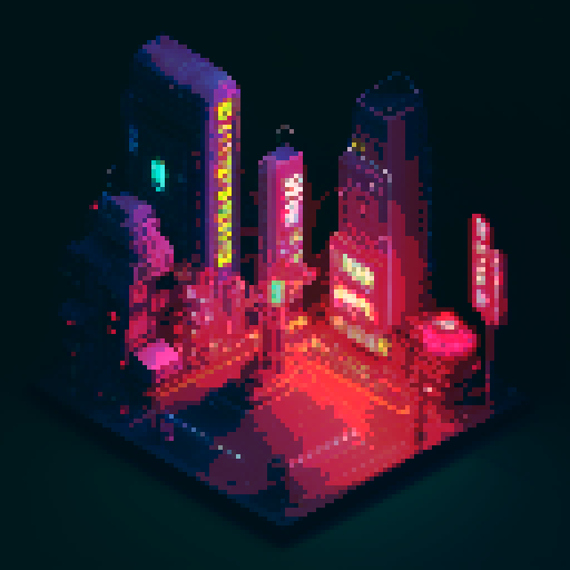 isometric 3D perspective, anime girl hovering in street, Japanese cyberpunk, neon lights, futuristic cityscape, dark colors, pixel art

