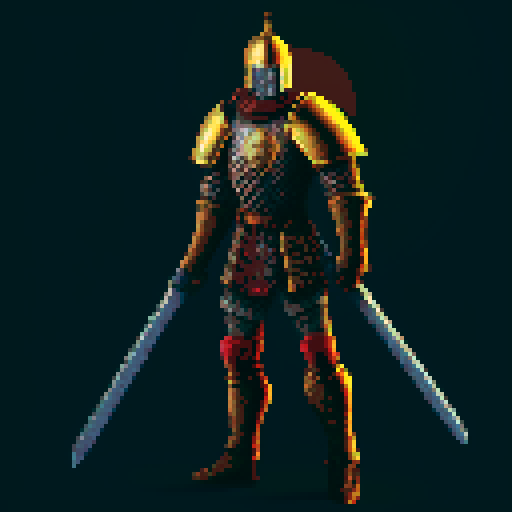 pixel art picture of a human male knight with a two-hand sword, vibrant colors, detailed shading, and smooth lines, heavy armor, confident stance, muscular build, armored helmet, deep red and gold armor, detailed sword, detailed shading, smooth lines
