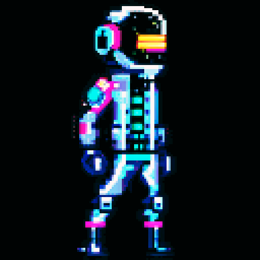 cyberpunk space trader sprite, pixel art, futuristic design, cybernetic arm with intricate detailing, glowing yellow-orange visor over the eyes, trench coat with glowing lines, blue and teal color palette with neon pink and yellow accents, distinct sci-fi aesthetic, confident posture, mid-step left first, left leg bent, arms extended, pixel art, sRGB