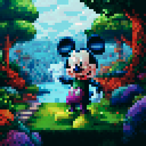 pixelated, Mickey Mouse, waist up, purple hoodie, green gloves, smoking a joint, sRGB, pixel art, background, landscape