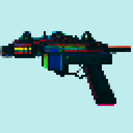 Rainbow colored, pixelated assault rifle with glowing neon sights and a sleek, futuristic design