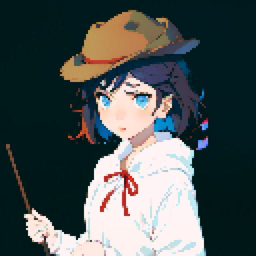Girl, blue eyes, short hair, no emotion, white shirt, brown hat, red neck ribbon, holding an incense stick, night forest background