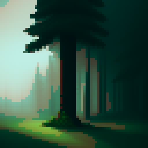 an evergreen tree, gloomy verdant, fog, pacific northwest feel, dark, mysterious