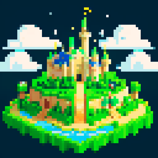 With clouds, a castle and a starry sky in the background, a little green turtle walks through this green, pixelated land. 