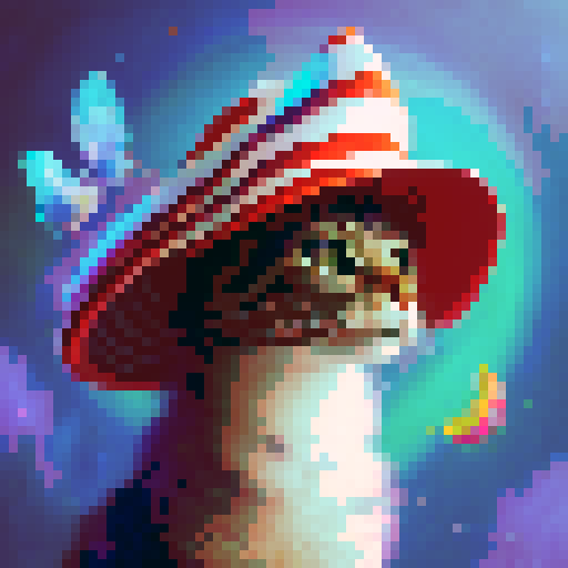 Whimsical, cartoonish, and colorful. Curious cat in a vibrant red and white striped hat, perched atop a rainbow-hued mushroom, surrounded by fluttering butterflies and towering toadstools.