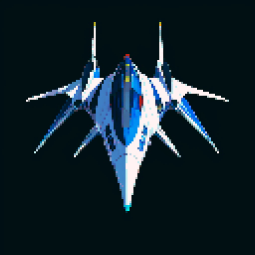 futuristic spaceship, topview, sleek and streamlined, hovering mid-air, dark blue colors, pixelated sRGB aesthetic
