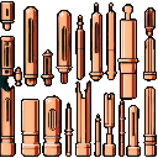 I want a tall vertical copper structure reminiscent of a organ pipe. It should have strange mechanical details that could interlock with each other. I also want this object usable an asset in a videogame, meaning only one object per image, outlined with a strong black stroke, on a solid-color background.