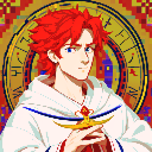 red headed male wizard with regal white robes, adorned with astrological symbols, in a pixel art style with vibrant sRGB colors