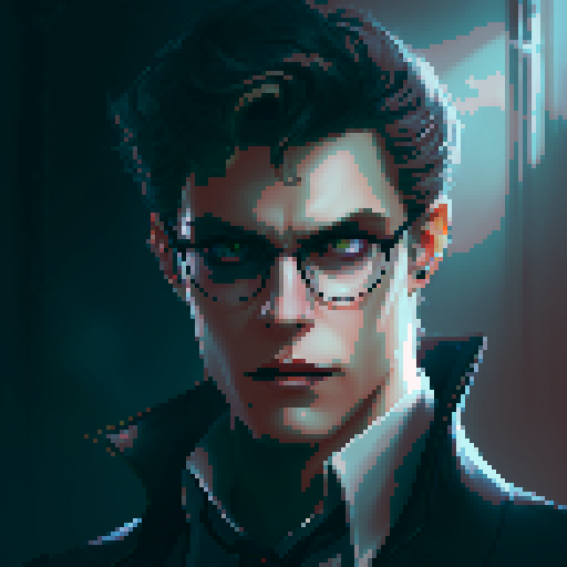 Vampire with light blonde hair and piercing green eyes stares fiercely at the viewer in a close-up character portrait, rendered in a vibrant anime style with intricate pixel art details