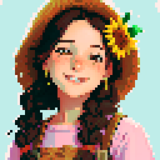 stardew valley-inspired, woman, pixel art, sRGB, vibrant colors, rustic backdrop, farm tools, sunflower field, braided hair, glowing skin, flower crown, gentle smile, freckles, rosy cheeks, straw hat, basket of fresh produce, dirt-stained hands