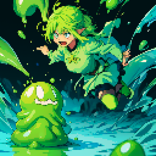 slime surging up around someone, slime engulfing a hero, slime consuming a hero, hero getting engulfed by slime, slime attack, dynamic, slime slamming into someone, impact, splashing slime, full-body image, full-body art, hero's hair and clothing color vary
