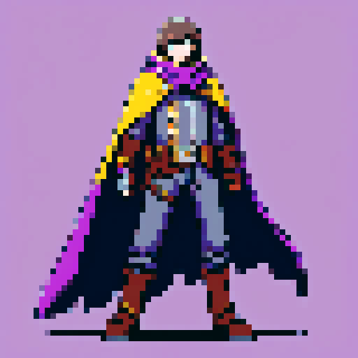 mysterious gunslinger with metal shoulder pads, metal gauntlets, bluish gray pants, brown leather chest armor with yellow highlights, bright purple tattered cloak covering face, sRGB, pixel art, fantasy RPG