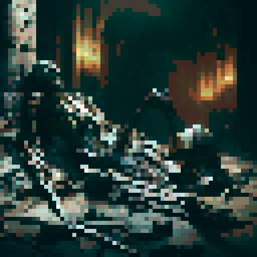 dead character, dungeon, armor, bones, fantasy RPG, dark and ominous, ancient and weathered, mystical and ethereal, intricate and ornate, epic and grandiose, otherworldly and fantastical