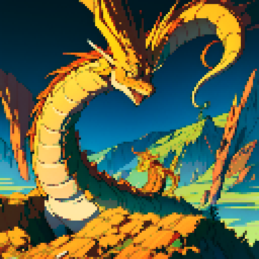 dragon with shimmering scales, hoard of gold coins glimmering in the background, dragon leisurely lounging on top of a massive pile of gold coins, dragon's majestic form taking up the full canvas with intricate pixel art details in a vibrant sRGB color palette, dragon is gold colored