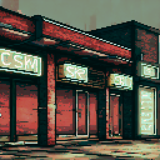 abandoned storefront, nostalgic lighting, pixelated brick walls, cracked windows, overgrown vines, flickering neon sign, empty wooden crates, weathered awning, faded graffiti