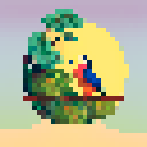 cute toucan, vibrant feathers, perched on a leafy branch, surrounded by lush greenery, against a sunset backdrop, pixel art style