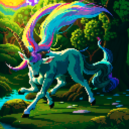 mystic druid wild woman unicorn faun hybrid bathed in moonlight, with a playful demeanor, cloven hooves, showcasing its full body in pixel art style with vibrant sRGB colors