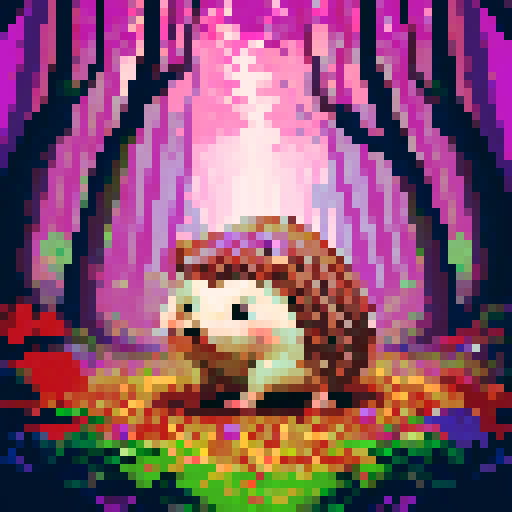 realistic hedgehog, purple forest, vibrant colors, pixelated leaves, sharp quills, dappled sunlight, intricate details, low resolution, retro aesthetic, jagged edges, limited color palette