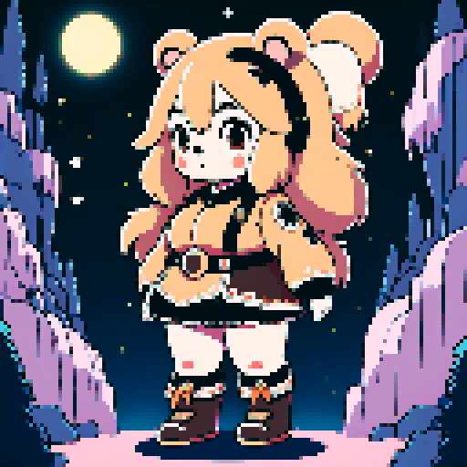 A graphic depiction of a chubby puffy bear in retro 1995 anime style, chibi form, close cam, half body, ellipse head,with black puppet eyes and brown fur, styled with long twin pigtails. Wearing magical clothes with intricate belts and patches. Background of a wild magic night with a dark waterfall and bright stars. Created Using: classic anime aesthetics, detailed magical garments, enchanting night setting, vivid portrayal, star reflections, dynamic composition, hd quality --ar 2:3 --v 6.0 niji