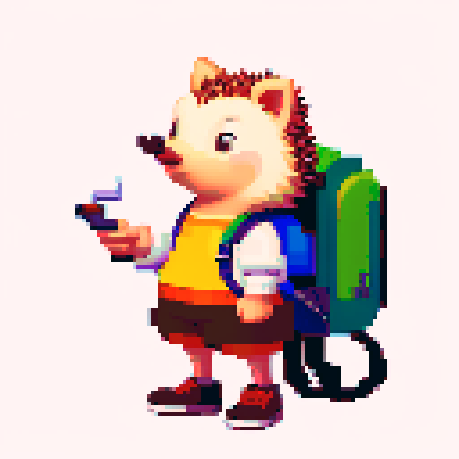 antropomorphic hedgehog with backpack and smoking pipe