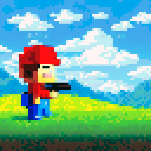 mini pixel man with a red hat and silver sword standing on top of a grassy hill with a blue sky and fluffy white clouds in the background, using a retro 8-bit art style
