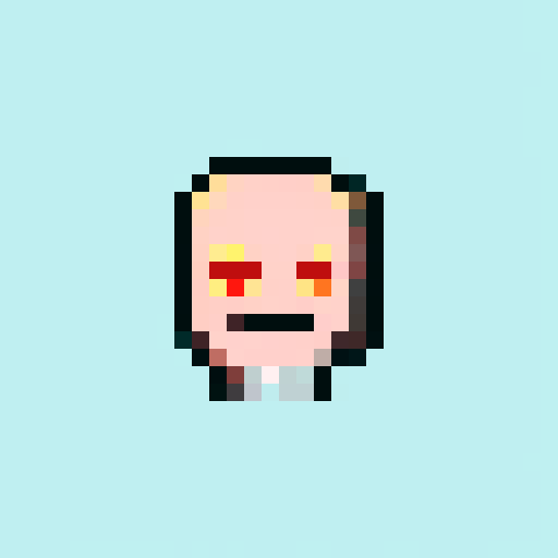 devil, pixel art, sRGB, fiery red skin, sharp fangs, glowing yellow eyes, horns, smoky black background, jagged flames, sinister grin