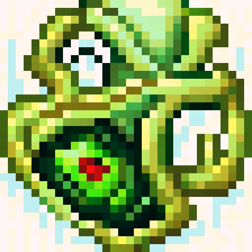 A twisted green Hei Tiki head, wide-eyed and contorted, exuding a mix of mischief and madness, stylized with bold lines and exaggerated features as a 32x32 pixel game icon, rendered with skillful pixel art in sRGB colors