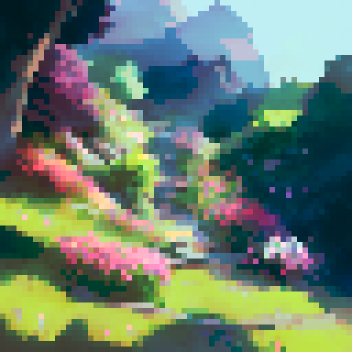 colorful, blooming flowers, nestled in a dense bush, cascading down in a vibrant landscape portrait