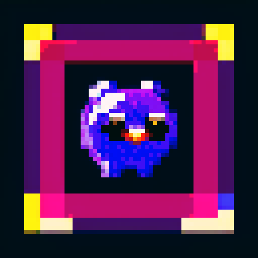 blueberry art frame, purple, pixelated fruits in vibrant colors, void inside, dark background, sRGB