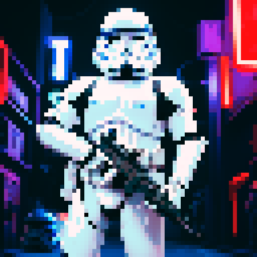 A star wars stormtrooper, rugged and determined, brandishing a futuristic blaster, against a backdrop of neon-lit cityscape and flickering shadows