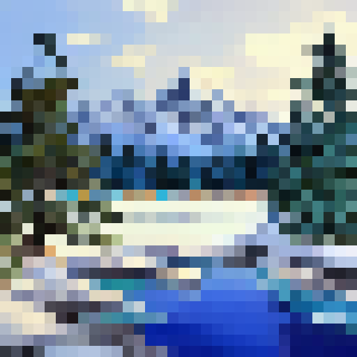 Frozen lakeside in Bob Ross style, towering snow-capped mountains in the background, pine trees with snow-laden branches, and a cozy cabin by the water's edge.